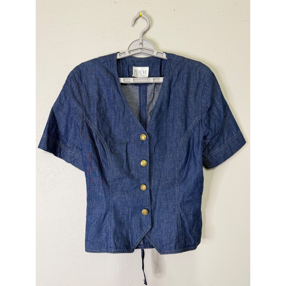 Vintage Petrina Denim Corset Peplum Top Blue Lace Up Back Gold Crest Buttons